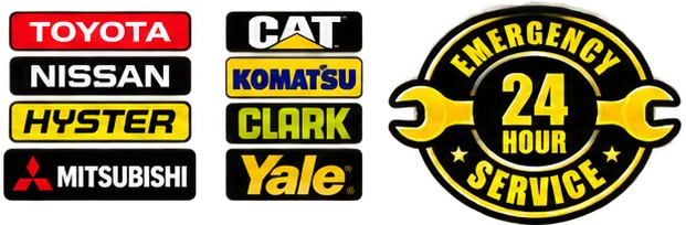Forklift brands serviced including Toyota, Nissan, Hyster, Mitsubishi, CAT, Komatsu, Clark and Yale