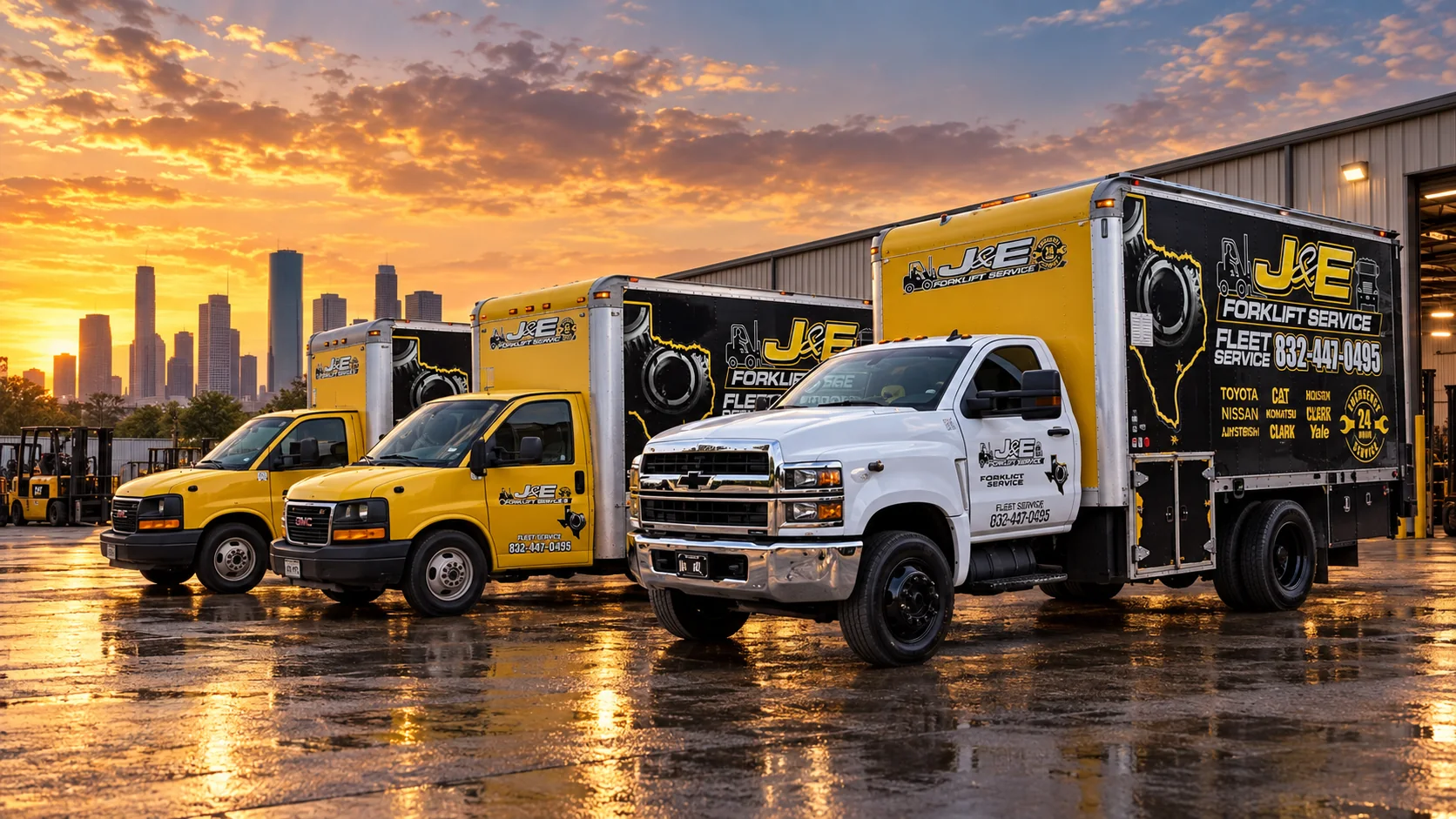 J&E Forklift Service fleet showcase at golden hour