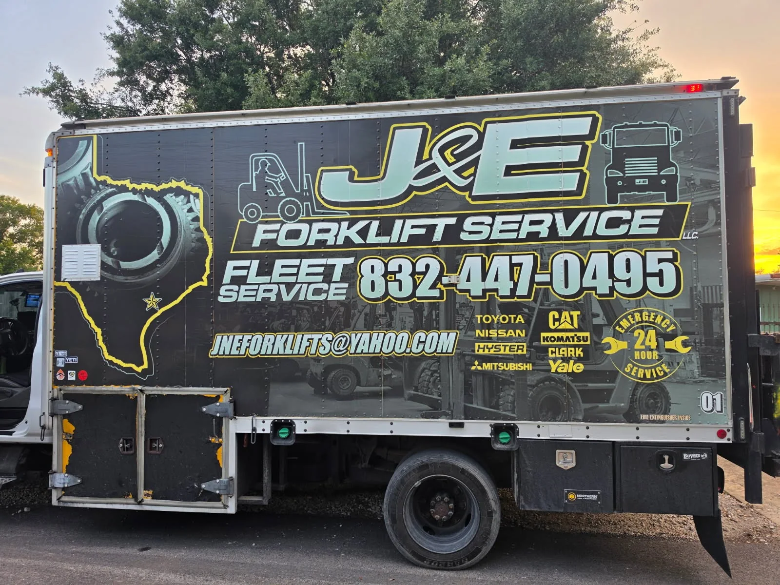 J&E Forklift Service truck side view
